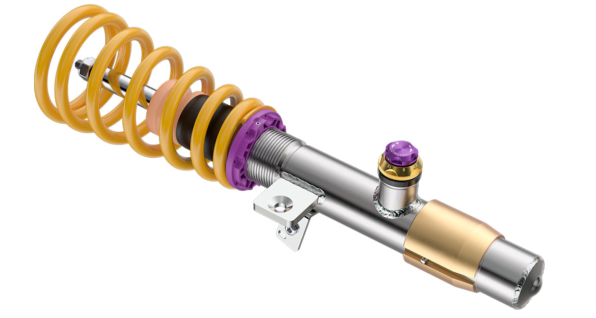 Über das goldfarbene Einstellrädchen kann mit 14 Klicks die Dämpfung in der Highspeed-Druckstufe und mit dem lilafarbenen Rädchen mit 13 Klicks die Dämpfungscharakteristik in der Lowspeed-Druckstufe feinabgestimmt werden.